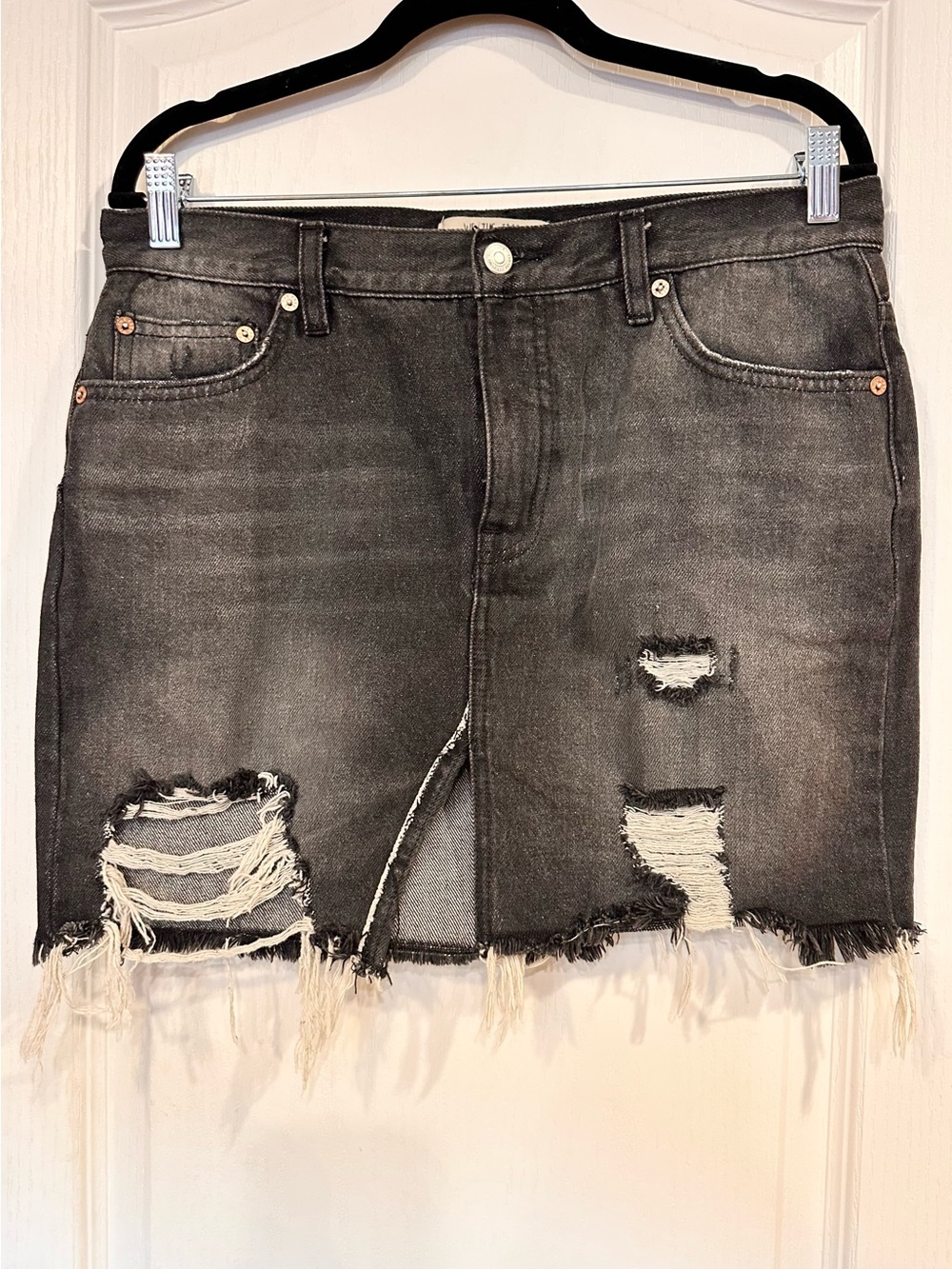NWOT WE THE FREE Distressed Black Denim Mini Skirt with Frayed Hem